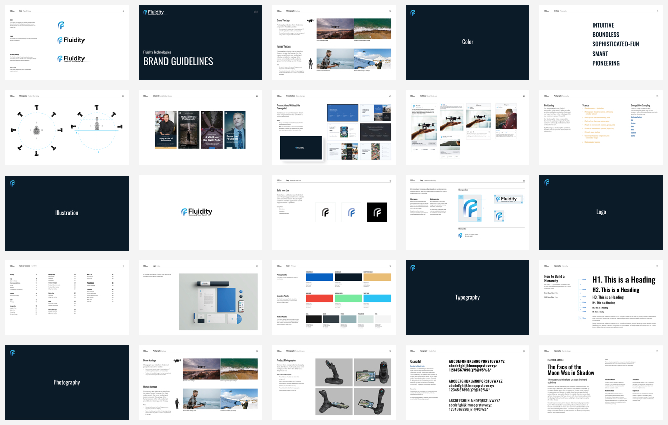 Fluidity Tech brand guidelines page designs