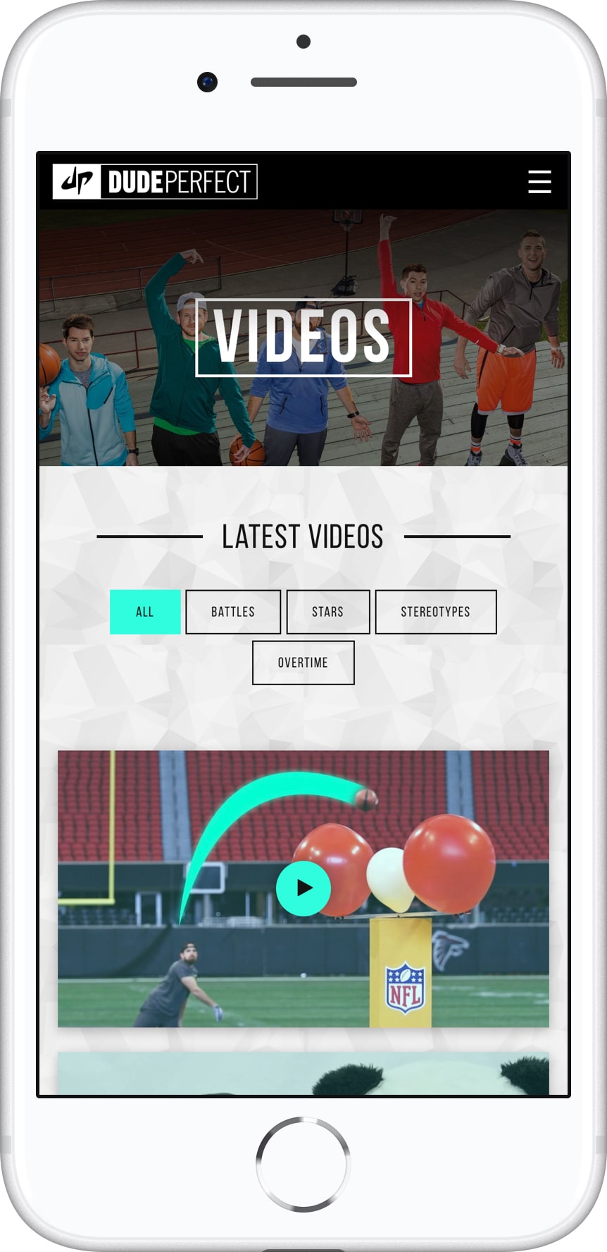 Mobile view of the Dude Perfect videos page