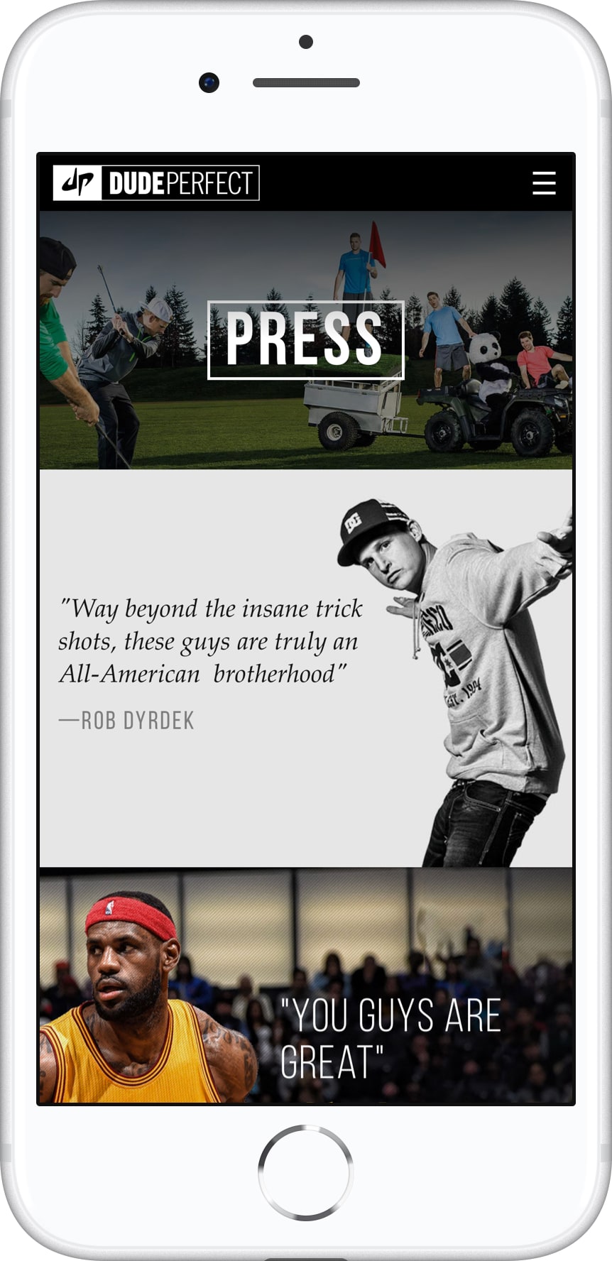 Mobile view of the Dude Perfect press page